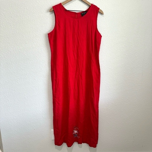 CITI Women's Size 16 Plus Red Linen Blend Maxi Dress Japanese Embroidered Crane - Picture 1 of 9